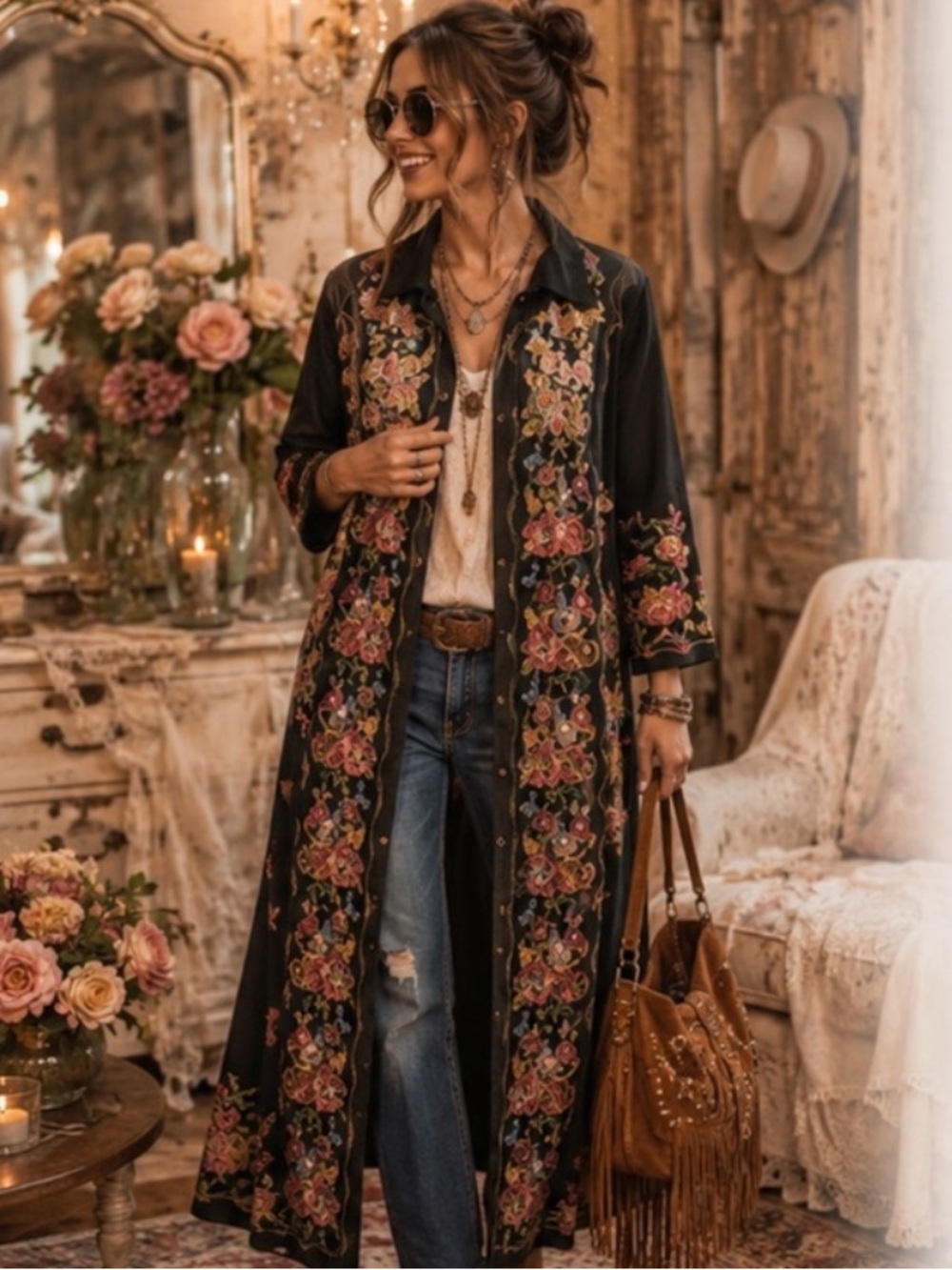 🆕 Aratta Meadow of Flowers/Floral Embroidered Long Black Duster/Dress/Jacket